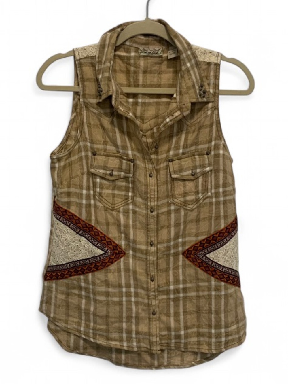 BKE Gimmicks Beige Plaid Button-Up Top